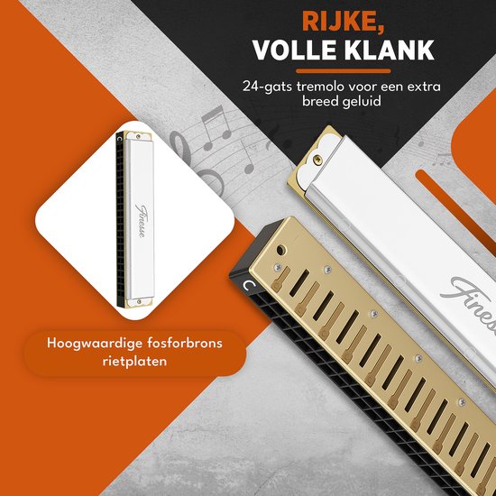 Finesse Mondharmonica - C Majeur - 24 Gaten - met Case - voor Volwassenen & Kinderen - Zilver