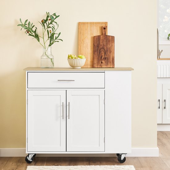 SoBuy Verrijdbaar Keukeneiland - Keuken Trolley - Keukenkast op Wieltjes - voor Eetkamer of Keuken, Wit 99x40x85 cm FKW133-WN