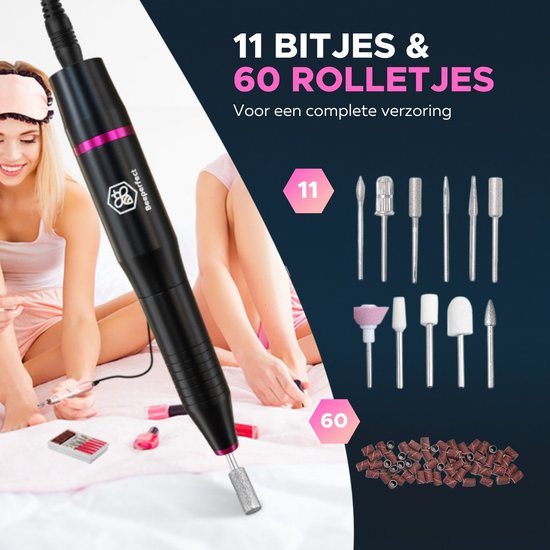 Beeperfect® Elektrische Nagelvijl - Nagelfrees - Manicure en Pedicure set - 12 Bitjes en 60 Schuurrolletjes - 4 Extra accessoires - Zwart