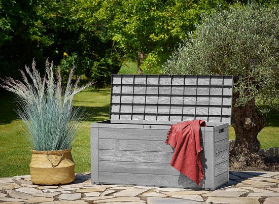 Deuba Kussenbox Woody 120cm grijs hout-look – tuinkussenbox tuinbox