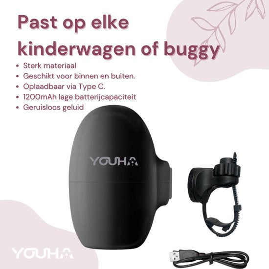 Youha Baby Rocker – Automatisch je kinderwagen of buggy wiegen - Handen vrij van het wiegen - Rocker voor kinderwagen - Slaaphulp baby - 5 wiegstanden - Inclusief opbergtasje & oplaadkabel - kleur: zwart