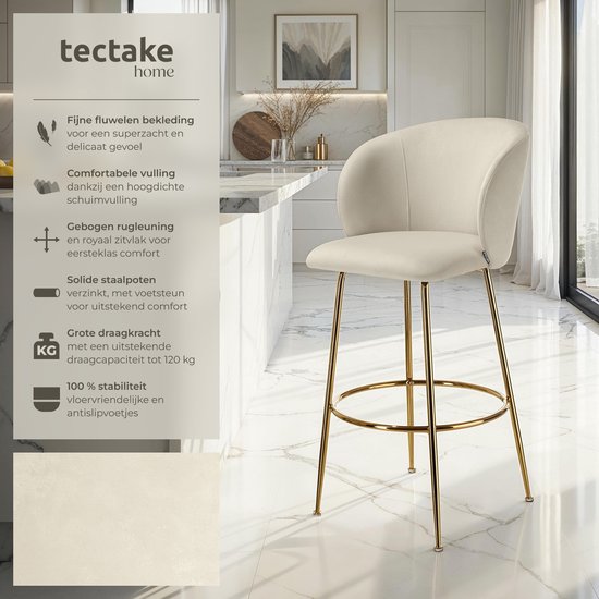 Tectake® - Set van 2 Barkrukken Luana - Gestoffeerde Barkruk met rugleuning - Barstoelen met voetensteun - Eetkamerstoel met fluwelen bekleding - Stevige stalen poten met antislip vloerbescherming - Crème/goud