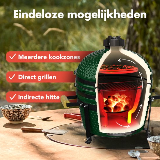 KitchenBrothers Kamado BBQ - 16 Inch Houtskool Barbecue - 34⌀ cm - PFAS-vrij - Deluxe Set - Egg BBQ met Accessoires - Vaderdag Cadeau - Groen