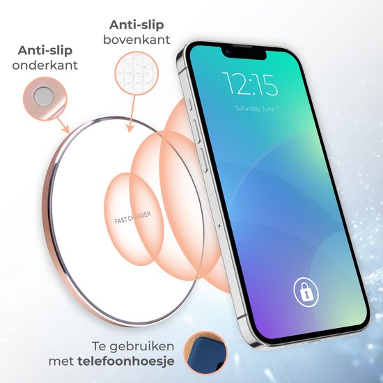 Nuvance - Draadloze Oplader 15W - Inclusief Kabel - Wireless Charger - Fast Charger - Geschikt voor alle Qi-Smartphones - Wit en Goud