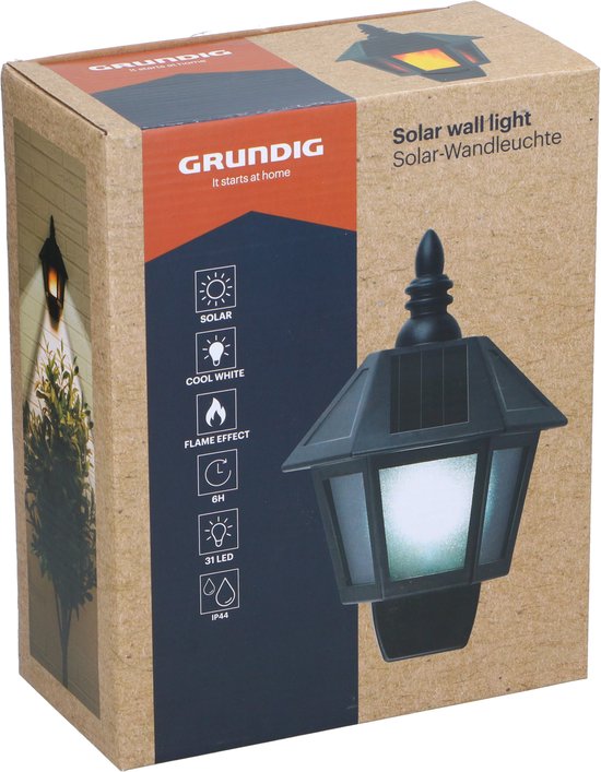 Grundig Solar LED Muurlamp Vlam Effect & Koel Wit - 2 Modi - Werkt Op Zonne-energie - IP44 - 6-8 uur