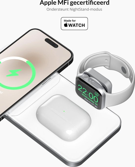 Favolt Site:3 Magsafe 3 in 1 Draadloze Oplader (MFi/QI) Magnetisch Laadstation voor iPhone Apple Watch AirPods Silver
