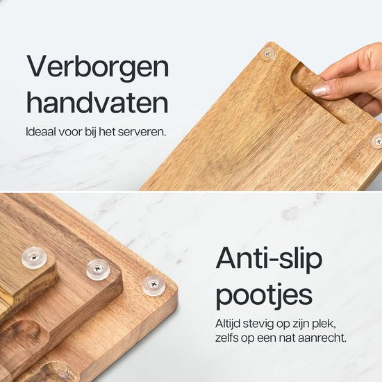 Deleca 3-Delige Snijplankenset met Houder (40x30 / 33x24 / 26x18 cm) - Voor Keuken, Snijplanken, Serveerplank, Kaasplank, Borrelplank en Tapasplank - Snijplank Acacia Hout