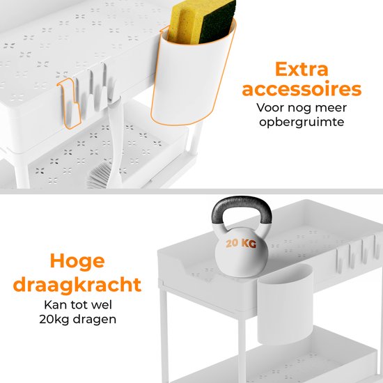 Posity Gootsteenkast Organizer - Keukenkastje Organizer - Schuiflade - Kast Organizer - Badkamer Organizer - Aanrecht Organiser - 2 Uitschuifbare Lades - Wit