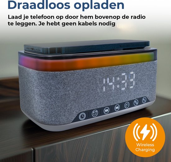 Denver Wekker met Draadloze Oplader - White Noise Machine - Digitale Wekker - Bluetooth - FM Radio - Dubbel Alarm - Dimmer - CRQ225