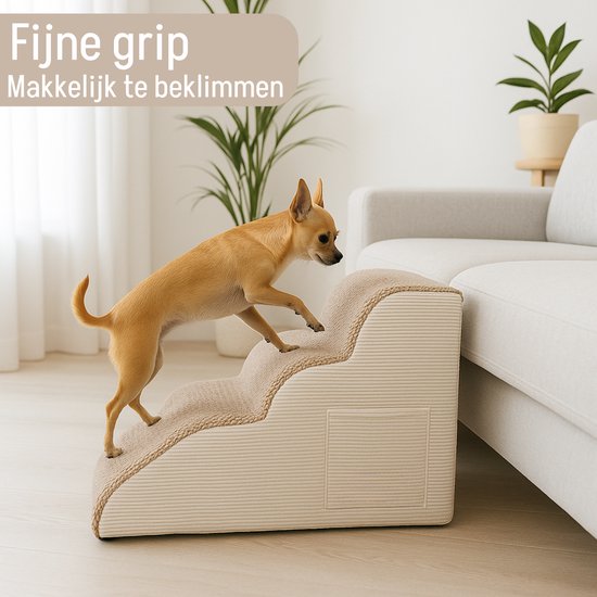 By Cee Cee – Hondentrap Kai – 40 x 57 x 40 cm – Voorzien Van Zelfherstellend Schuim En Anti-Slip Onderkant En Afritsbare Hoes – Voor Bank Of Bed – Bruin En Beige Textiel
