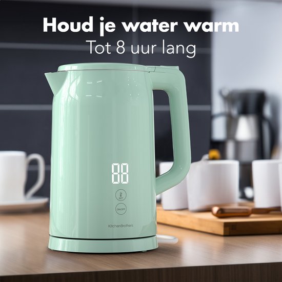 KitchenBrothers Waterkoker - 1.7L - Met Temperatuurregeling - Elektrisch - Warmhoudfunctie - Display - Dubbelwandig - Cool-touch - 2200W - Pastelgroen