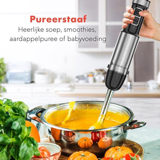 KitchenBrothers Staafmixer Set - Hakmolen - Garde - Maatbeker - 4-in-1 Mixer - 6 Snelheden + Turbo - RVS