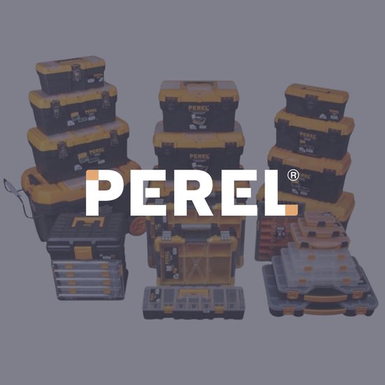 Perel assortimentsdoos, max. 20 compartimenten, 16 tussenschotten, transparant deksel, stapelbaar, 326 x 257 x 48 mm, geel/zwart
