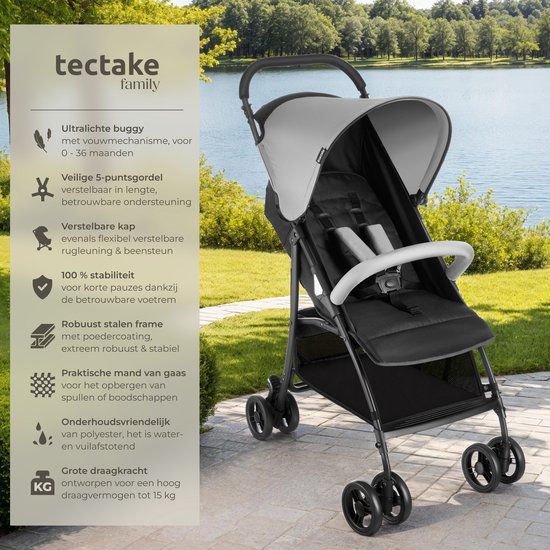 tectake® Buggy - Kinderwagen - Inklapbaar, 5-Puntsgordel, Verstelbare rugleuning en beensteun - Met rem, lichtlopende wielen - Praktische opbergmand - Zwart/grijs