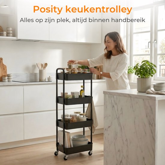 Posity Keukentrolley op wieltjes – Serveerwagen / Opbergtrolley / Keukenrek / Trolley Keuken – Verrijdbaar en Vast – 4 Lagen – Kunststof – Zwart
