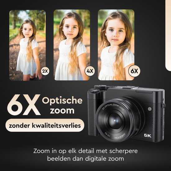 K&L Digitale Camera 5K - 64MP - 6X Optische Zoom - Fotocamera - Compact Camera - Vlog Camera - Ideaal voor Beginners - Inclusief 64GB - NL Software