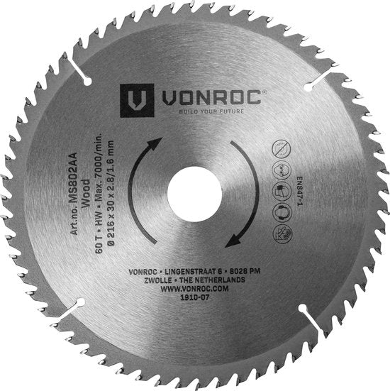 VONROC Zaagblad – Ø216MM – 60 tanden – voor hout – geschikt voor afkortzagen & tafelzagen