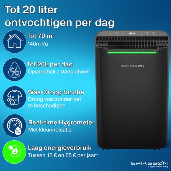Erikssøn Dry Pro Plus Luchtontvochtiger 20L – Was-droog, Timer & Hygrometer – Huis, Slaapkamer, Badkamer – Zwart