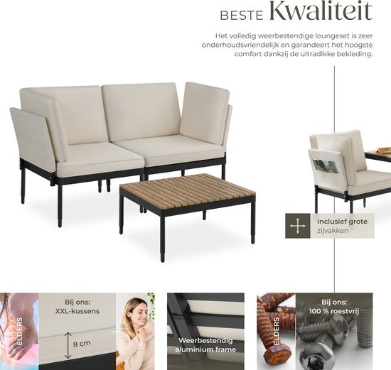 tectake® - Loungeset Magaluf - 5-in-1 tuinset met aluminiumframe - 2 tuin fauteuils en 1 salontafel - Op te stellen als ligstoel, hoekbank of 2-zits tuinbank - Inclusief kussens - Balkonset 2 personen