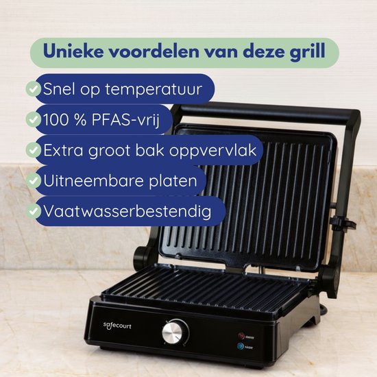Safecourt Kitchen Tosti apparaat – Paninigrill en Tosti ijzer – Uitneembare PFAS-vrije platen & vaatwasserbestendig – Groot grilloppervlak – Snel warm – Contactgrill - Zwart