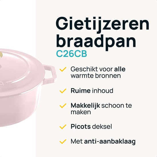 MOA Gietijzeren Braadpan - 7,2L - Voor Alle Warmtebronnen incl. Inductie - Met Deksel - Ø 30cm - Anti-Aanbaklaag - Lila
