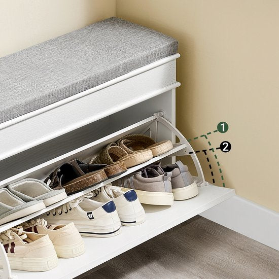 SoBuy FSR82-L-WG Schoenenkast entreebank – schoenenbank met toiletzitting en schoenenopbergkussen voor hal, woonkamer 75 x 24 x 51 cm, capaciteit 180 kg, wit antiek houteffect