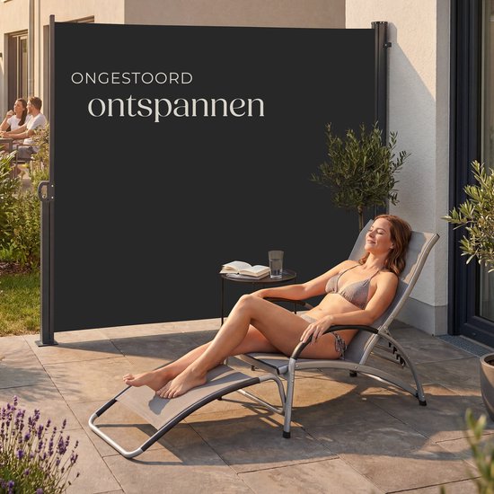 tectake® Uitschuifbaar Windscherm met Oprolmechanisme - 300 x 180 cm - Zijluifel met Aluminium Frame- Zonnescherm - Tuinscherm - Zwart Balkonscherm - Ondoorzichtbaar Privacyscherm - Markiesdoek