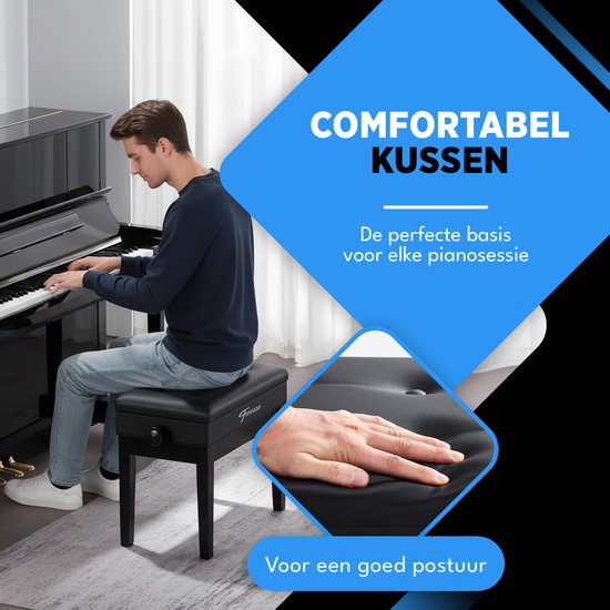 Finesse Premium Pianobank - Hoogte Verstelbaar - met Opbergruimte - Zacht Kussen - Pianokruk - Pianostoel - Zwart