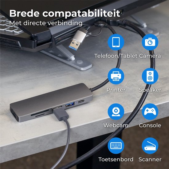Nuvance - USB C Hub 3.0 - 5 Poorten - USB Splitter - USB C Dock - Micro SD Cardlezer USB C - Grijs