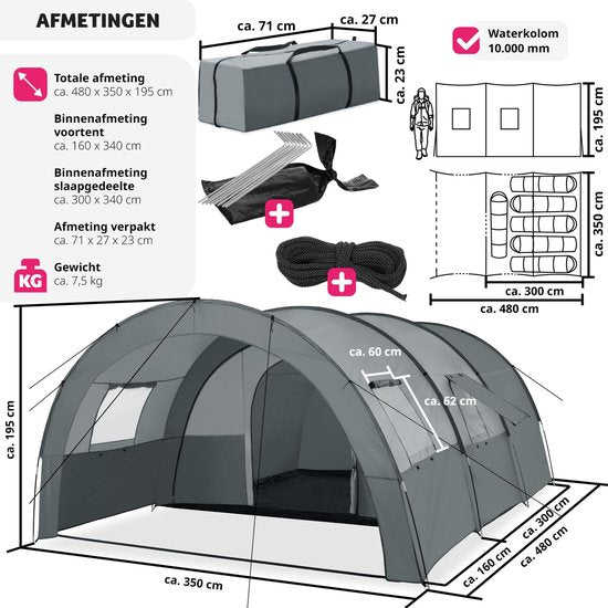 tectake® - Tunneltent voor 6 personen - Familietent op stahoogte - Voortent - Campingtent grote slaapcabine met grondzeil - 4 ramen, waterafstotend, 480 x 350 x 195 cm, donkergrijs/lichtgrijs