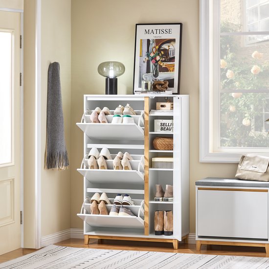 SoBuy FSR189-WN Schoenenkast - Witte Houtcomposiet met 3 Kleppen & Deur