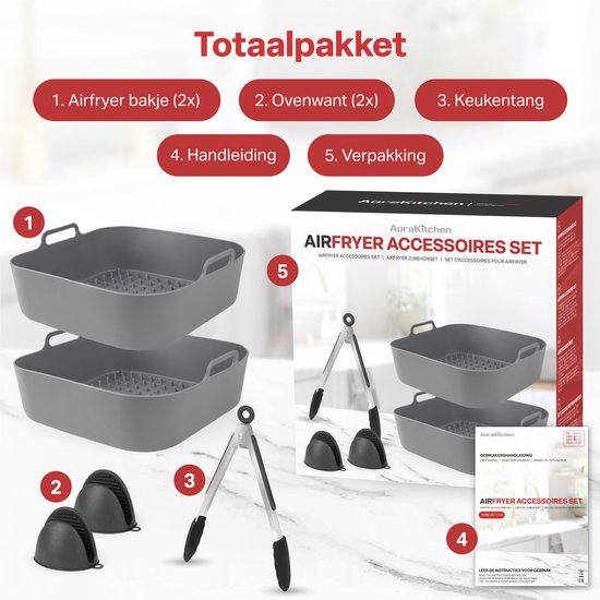 AoraKitchen Airfryer Bakjes Siliconen - 20cm - 5 Delig - Airfryer Accessoires - Incl. Wanten & Tang
