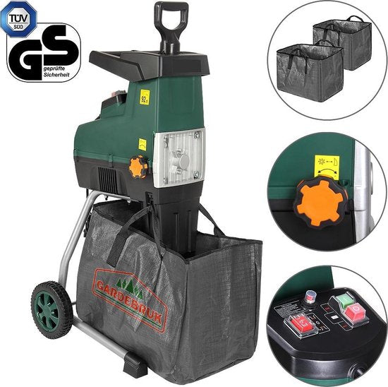 Gardebruk – Stille Hakselaar Versnipperaar – 3100 W – Voorzien Van Stalen Roller En 2 Opvangzakken Van 60 Liter En Omkeerfunctie – Voor Takken Tot 44 mm – Zwart En Groen Metaal En Kunststof