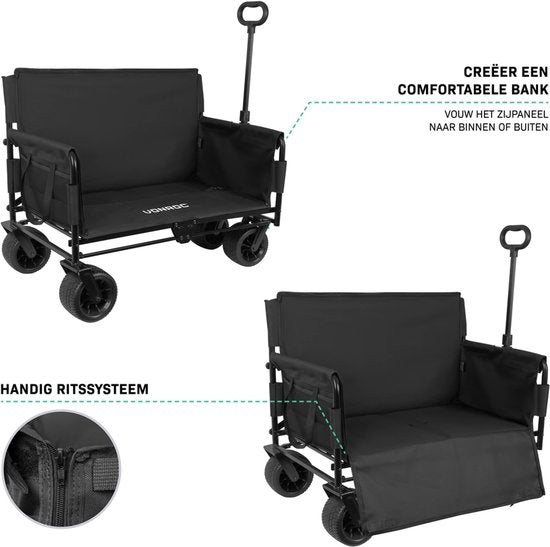 VONROC Bolderkar – Met zitfunctie – Opvouwbaar – 120 kg draagvermogen – 115l inhoud – Massieve anti-lek wielen – Stevig stalen frame – Polyester 600D - Zwart