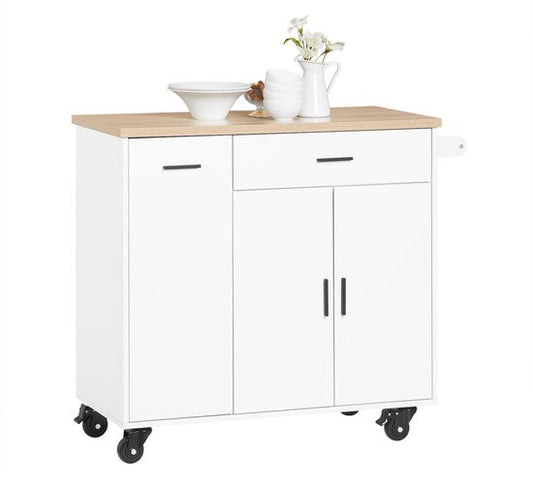 SoBuy Keukeneiland met 2 Laden en 2 Deuren - Multifunctioneel Keukenkast, Wit, 105 x 46 x 92 cm, FKW126-WN