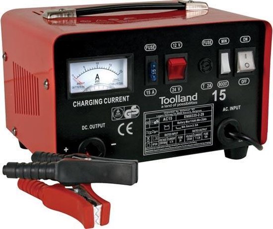 Toolland Acculader 12/24 V, met booster/starthulp 9 A, met thermische overbelastingsbeveiliging, ampèremeter - metalen behuizing, rood