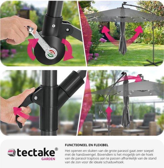 tectake® Rechthoekige parasol - Met LED-verlichting op zonne-energie - Incl. beschermhoes - Zweefparasol - Zonwering terras, tuin - Balkonparasol - Grote parasol - 250x300cm - Grijs