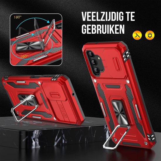 Podec Hoesje Geschikt voor Samsung Galaxy A13 5G Rood Telefoonhoesje - Anti-Shock Case Cover Hybrid Armor Hoes met Kickstand Ring met Screenprotector