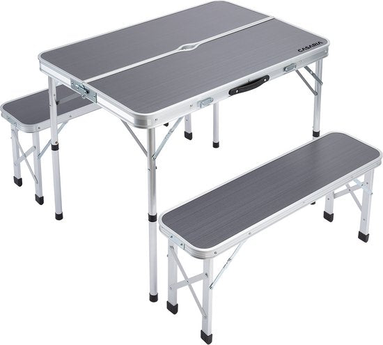 Casaria Campingtafel Aluminium – Incl. 2 Banken/Inklapbaar - Grijs