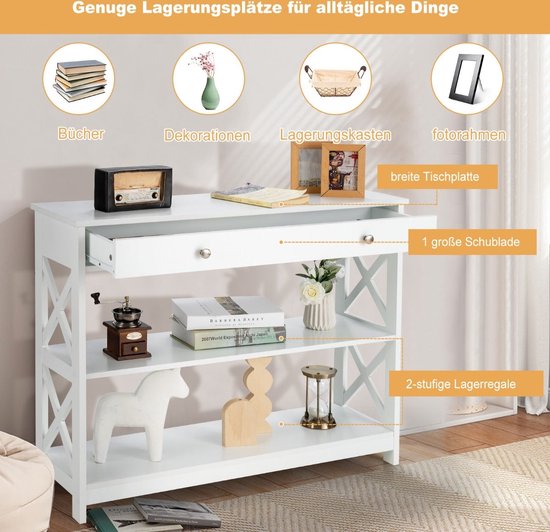 Coast Console Tabel 3-fasen opslagplank met 1 lade en 2 opslagruimte 100 x 30 x 80 cm wit