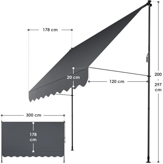 Luifel / Klemluifel met handslinger - Balkonluifel kapstadt - 300x120 cm - Grijs