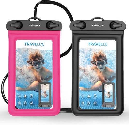 Travelly® Waterdicht Telefoonhoesje Set van 2 – Universeel Onderwater Hoesje voor Smartphone – Geschikt voor alle telefoons – Drybag – Voor Vakantie, Zwemmen & Watersport – Zwart/Roze