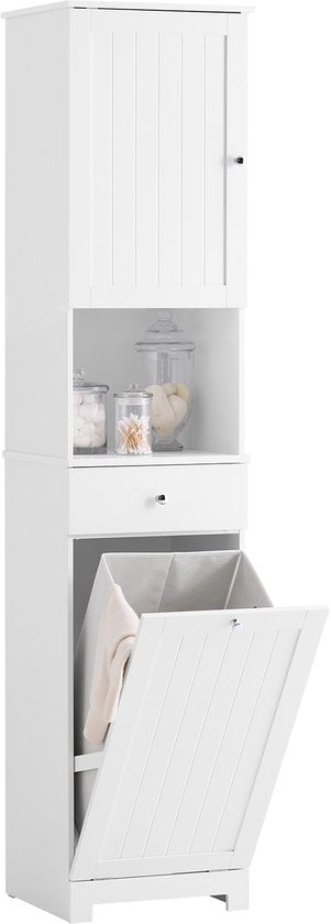 SoBuy Badkamerzuil met wasmand, badkamermeubel, 40 x 38 x 180 cm, met lade en verstelbare plank, kleine opbergkast, ruimtebesparend, ideaal voor toilet, toilet BZR216-W