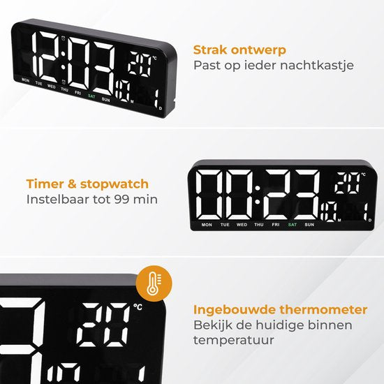Nuvance Digitale Wekker - Digitale Klok - Reiswekker voor Kinderen & Volwassenen - Alarmklok - LED Wekkers Digitaal