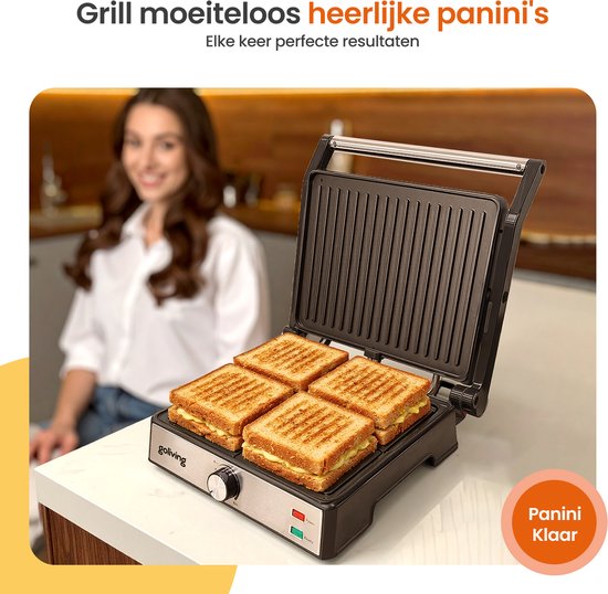 Goliving Tosti Apparaat XL - Contactgrill - Tosti Ijzer - 29 x 23 cm - Panini Grill - Compact - Instelbare temperatuur - Zwart
