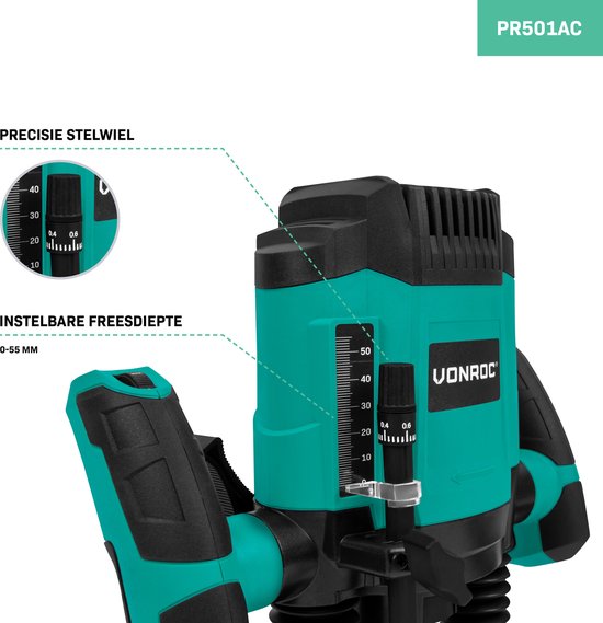 VONROC Bovenfrees 1200W – 6-8mm – Variabel toerental 16.000 – 30.000 rpm – Incl. 6-delige freesset, malgeleider, parallelgeleider en centreerpen