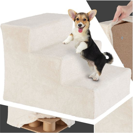 Tectake® Hondentrap en Kattentrap - Huisdiertrap - Instaphulp met Wasbare Hoes - Extra Platte Treden - (beige, 37 x 45 x 34,5 cm, 3)