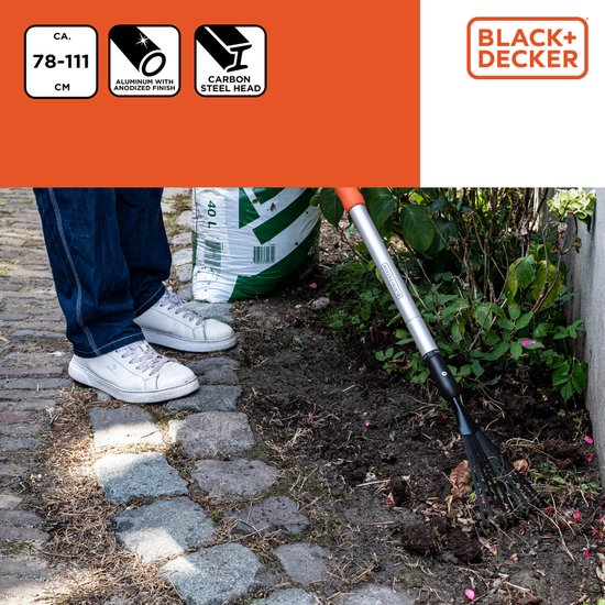 BLACK+DECKER Hark - Telescopische Tuinhark - Uitschuifbare Steel van 78 tot 111 CM - Bladhark - Tuingereedschap Aluminium Steel en Koolstofstalen Kop - Roestvrij - Zilver/Zwart