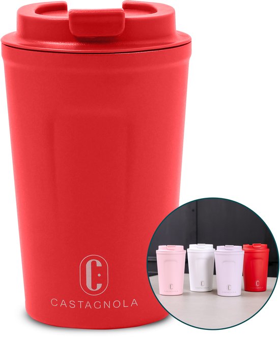 Castagnola Thermosbeker - Koffiebeker To Go - Travel Mug voor Koffie en Thee - Theebeker - 380 ML - RVS - Rood