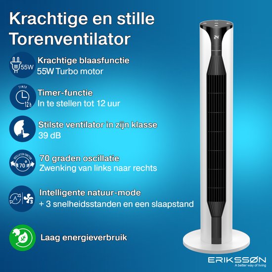 Erikssøn Torenventilator - Silent Comfort Series - Staande Ventilator met Afstandsbediening - Timer - 55W - 39 dB - 106cm - Wit